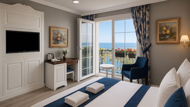 A hotel room with a bed, a desk, a TV, a balcony with a view, and a chair. - Sahil Panorama Otel (Yomra)