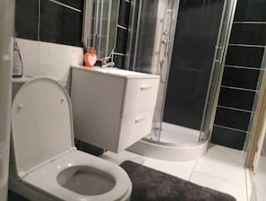 Regadera, bidet, toallas, jabón