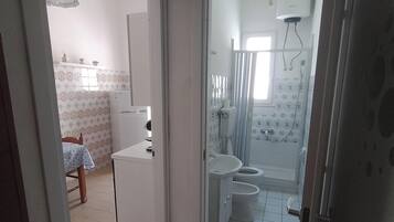 Hair dryer, bidet, towels, soap
