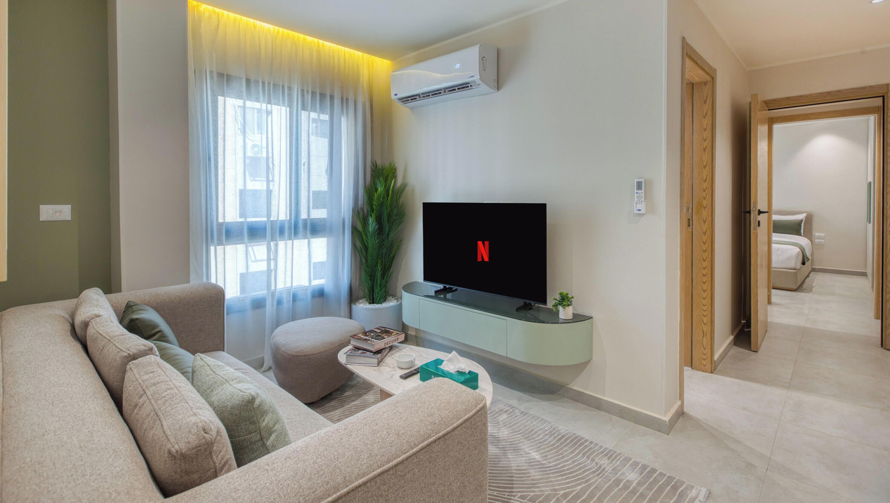 Un salon moderne avec un canapé, un téléviseur à écran plat, une petite table avec des télécommandes et une plante en pot.