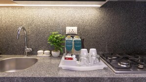 A kitchen with a granite countertop, a stainless steel sink, a gas stove, and a potted plant.