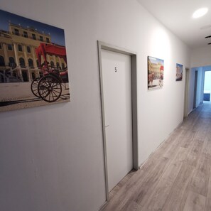 A hallway with a white door marked with the number 5, wooden flooring, and two framed pictures on the wall. - Budget Double Rooms in Vienna (VIENNA)