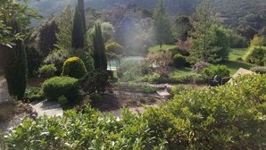 A garden with a pool, surrounded by various plants and trees, with a mountain in the background. - Eco-Honeymoon - 10 min. from the Bamboo Garden - for 4, 6, or 8 people (Anduze)