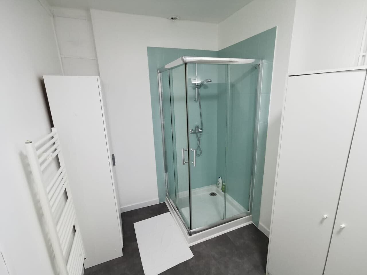 Een compacte, moderne badkamer met een glazen douchecabine, een witte radiator en een witte inbouwkast.