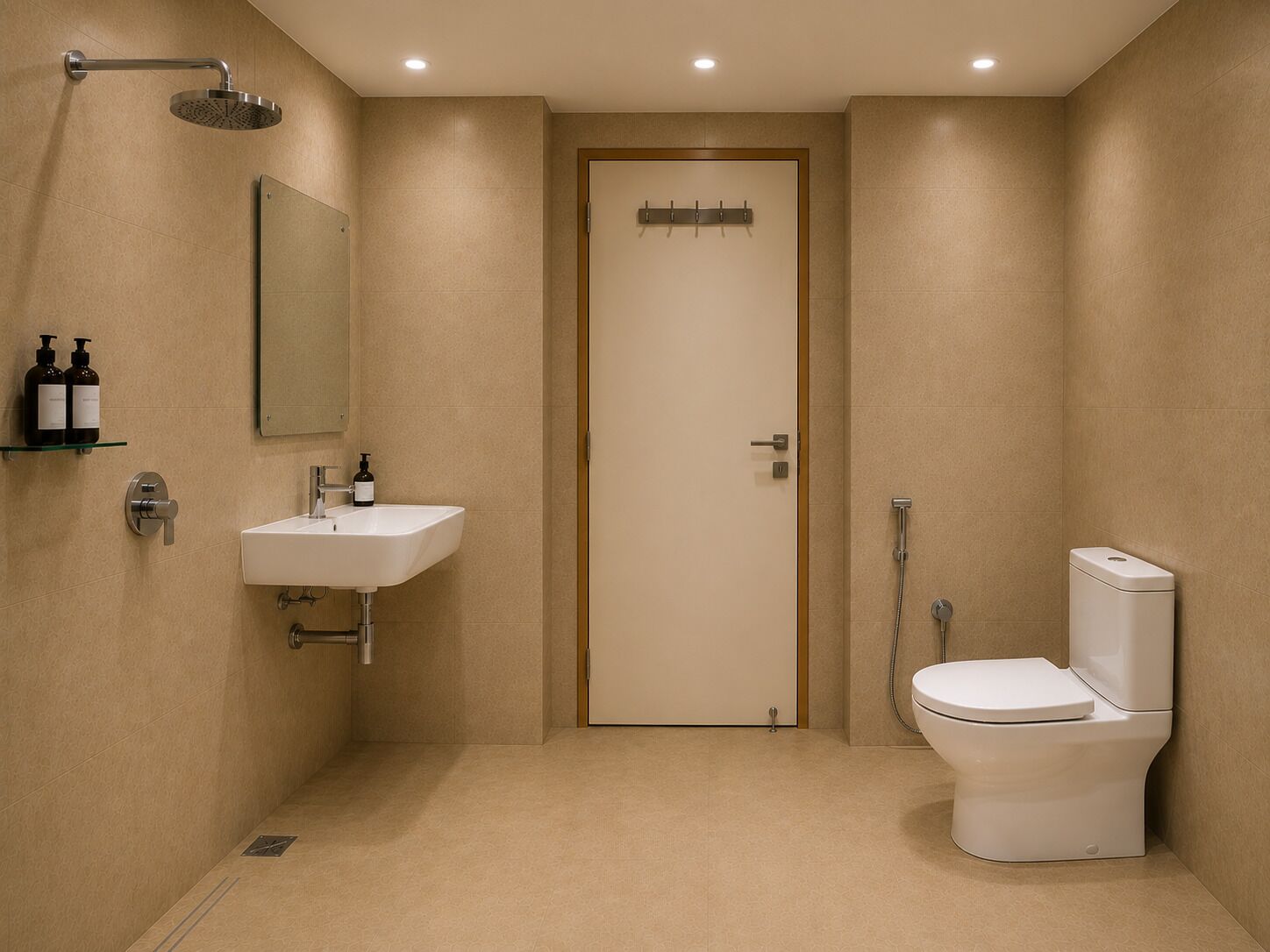 A modern bathroom with a sink, toilet, and shower.