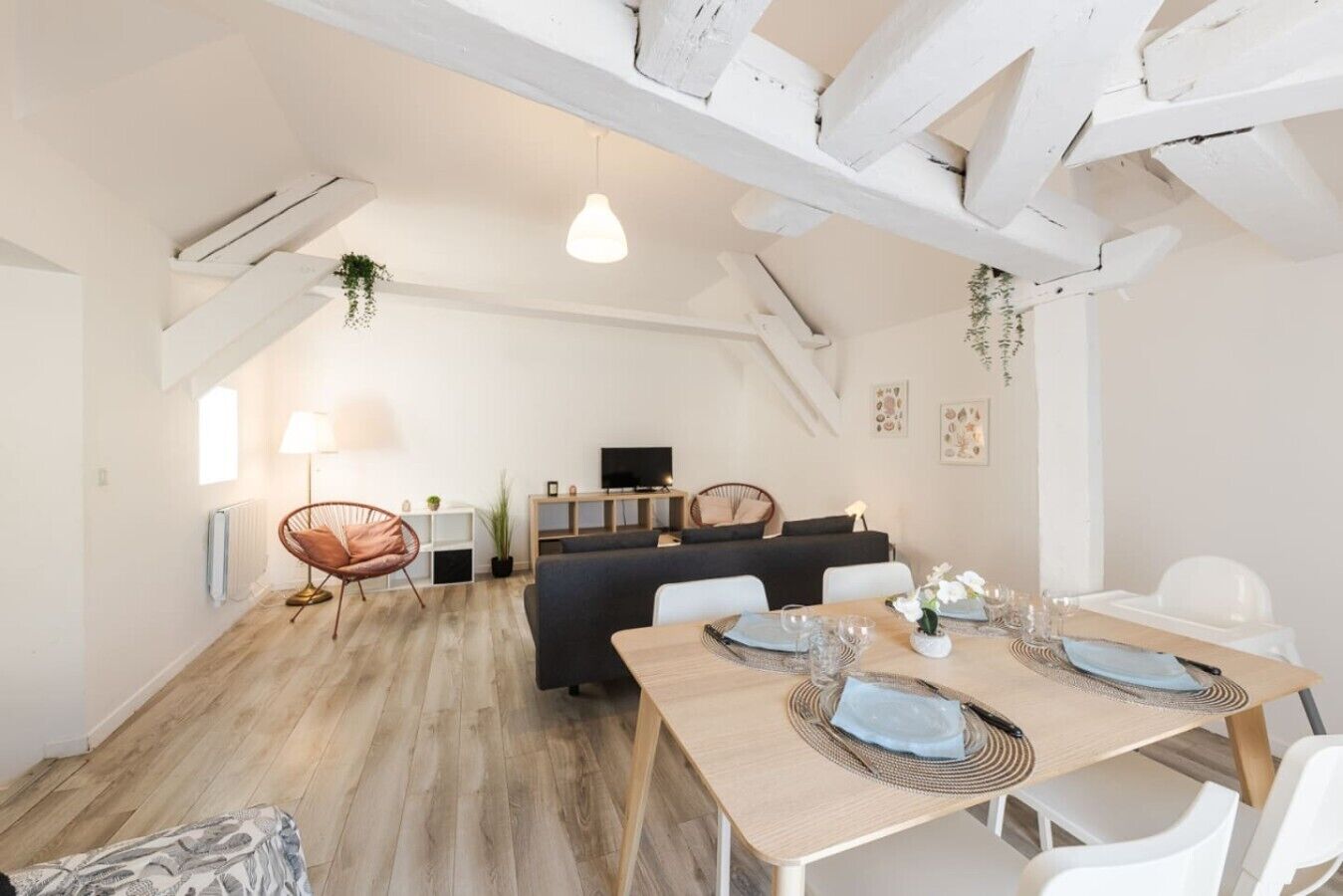 En modern inredning med ett matområde, en soffa, en tv och en hängande växt.