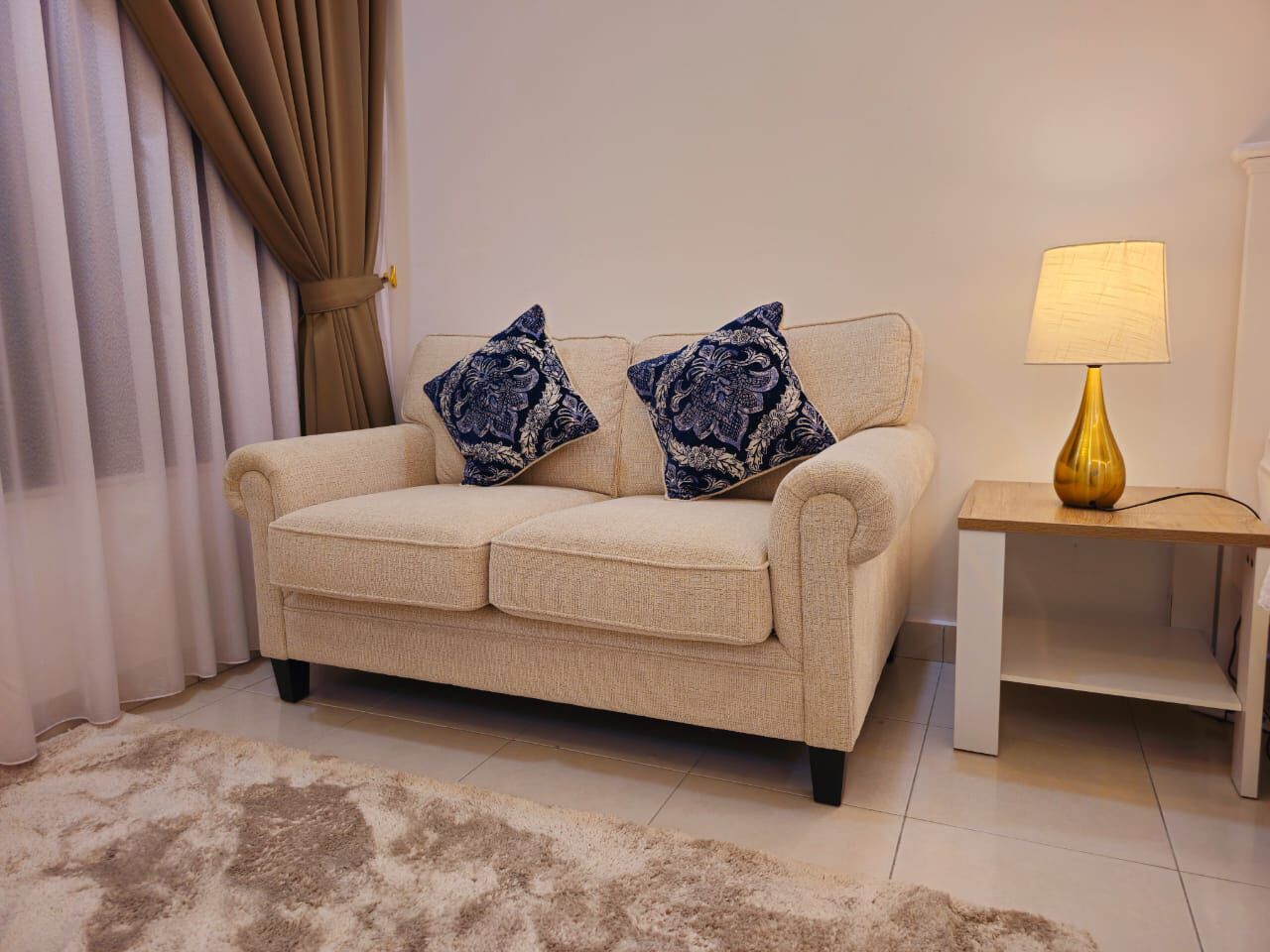 A beige sofa with two patterned pillows, a small white side table with a lamp, and a beige shag rug.