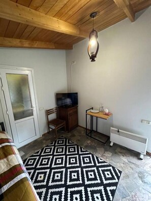 Een kamer met een houten plafond, een kamerbreed tapijt met patroon, een stoel, een kleine tafel met glazen, een televisie en een radiator.