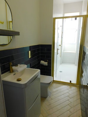 Shower, hair dryer, towels, shampoo