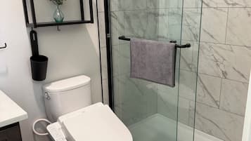 Shower, hair dryer, bidet, towels