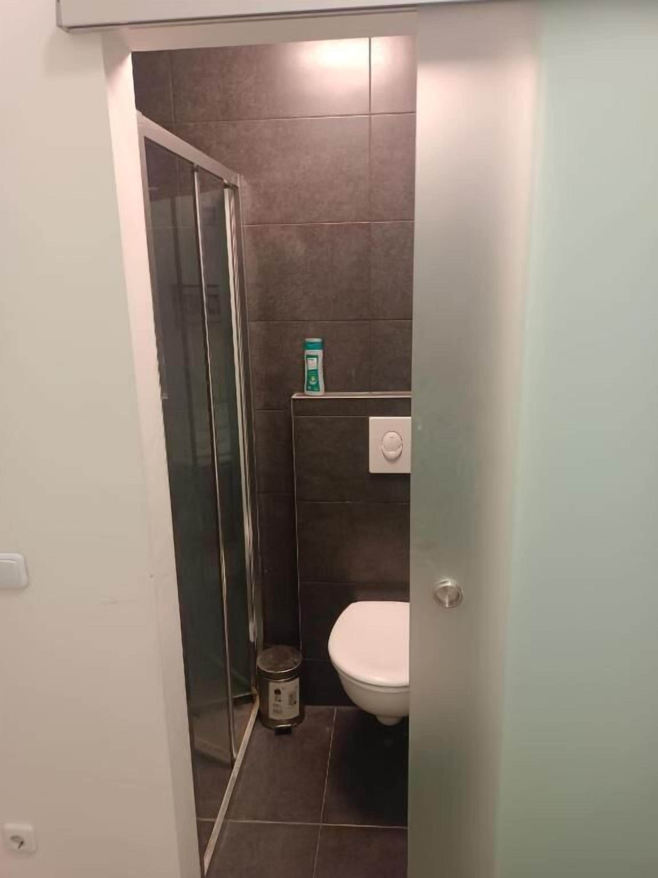 A bathroom with a glass shower enclosure, a toilet, and a trash bin.