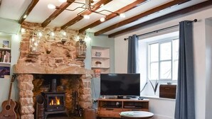 Ein gemütliches Wohnzimmer mit Kamin aus Stein, einem Flachbildfernseher, einer Gitarre und einem farbenfrohen Teppich.
