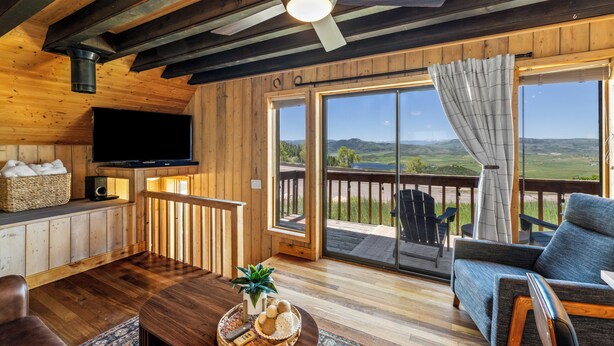 A wooden interior with a TV, a sofa, a dining table, and a view of the outdoors.