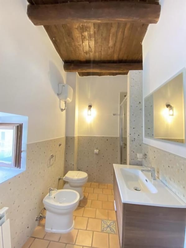 A bathroom with a wooden ceiling, two toilets, a sink, and a mirror. - Sant'Antonio Hotel (Torraca)