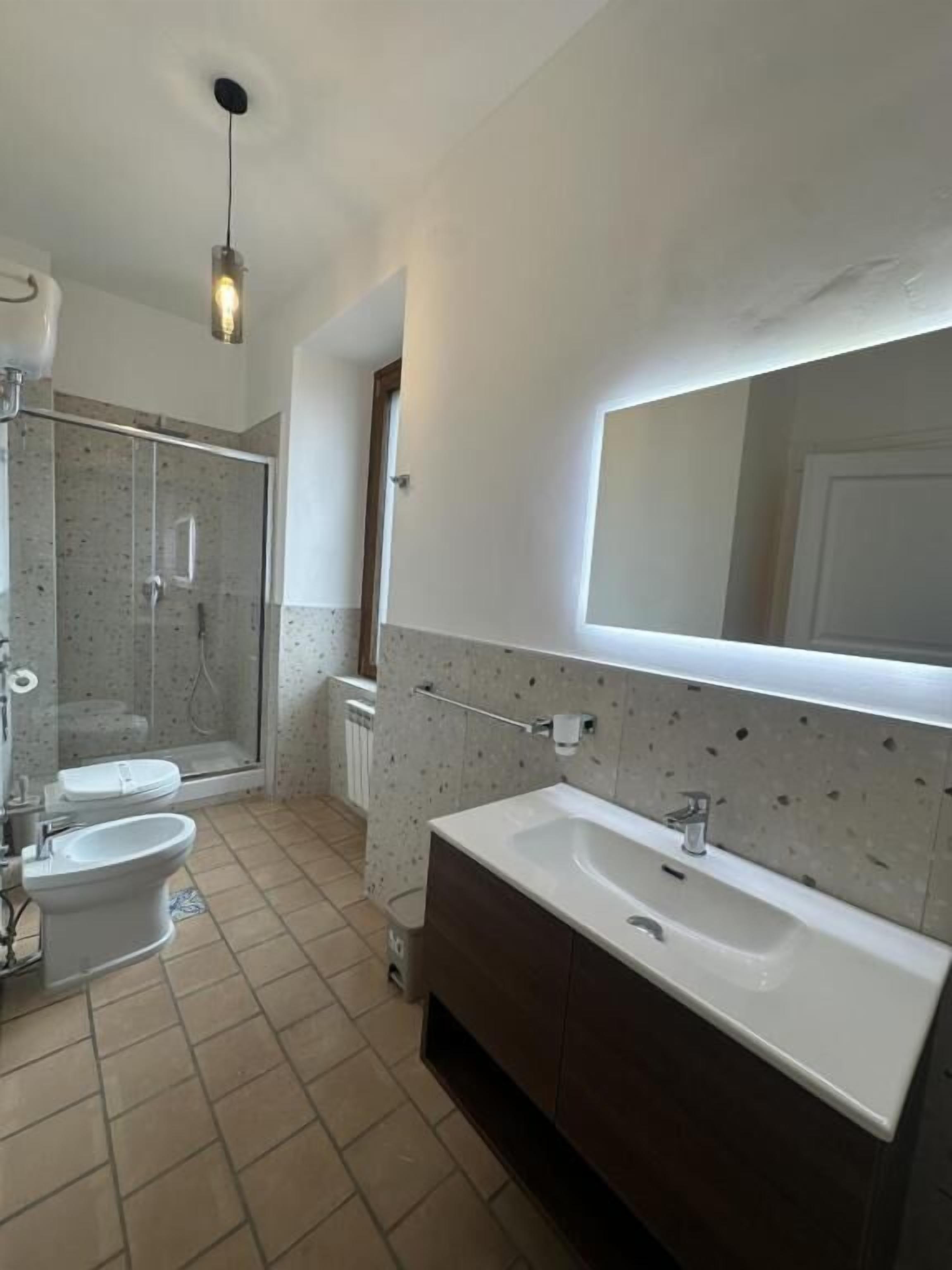 Un baño con ducha, inodoro, bidé y un espejo grande sobre el lavabo.