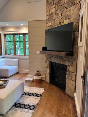 Smart TV, chimenea, libros y estéreo 