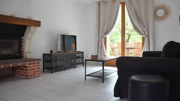 TV connectée, cheminée, livres