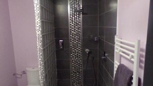 Un baño con ducha, inodoro y toallero.
