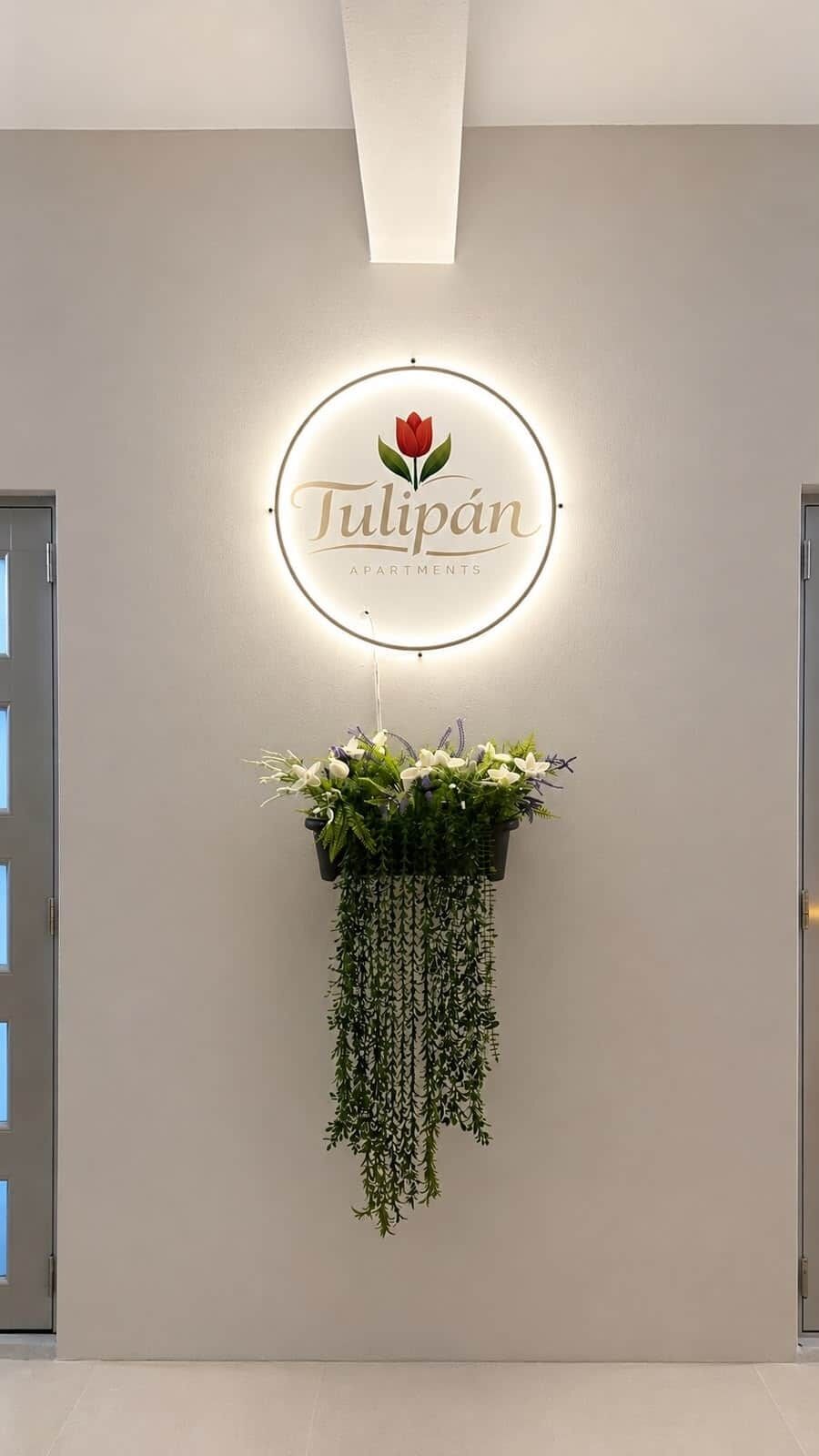Een wandbord met de naam 'Tulipán Apartments' en een logo, een hangende plantenbak met groen, en een deur links.