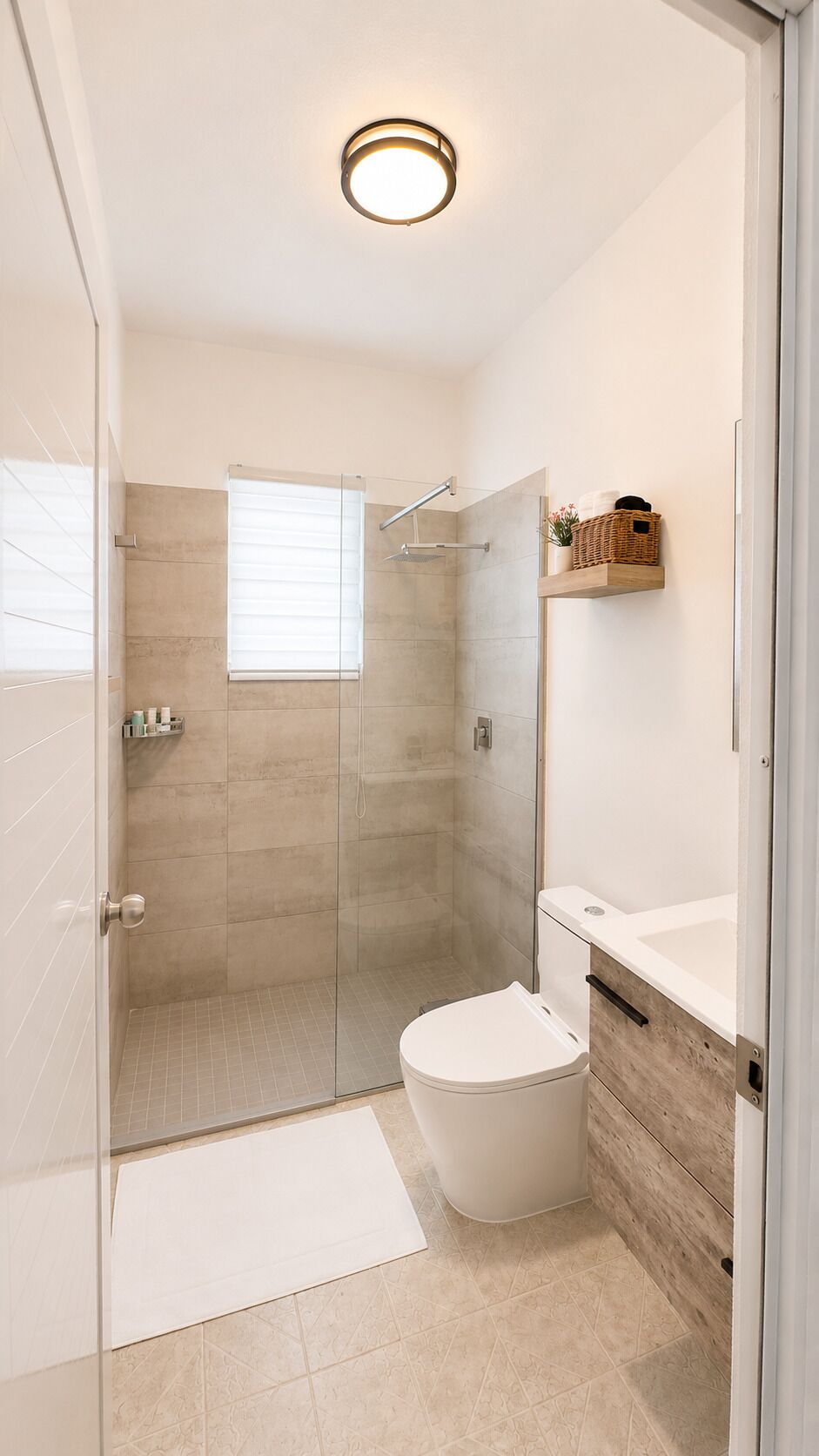 Un baño moderno con cabina de ducha de vidrio, inodoro y tocador con encimera de madera.