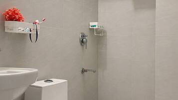 Regadera, toallas, jabón, papel de baño