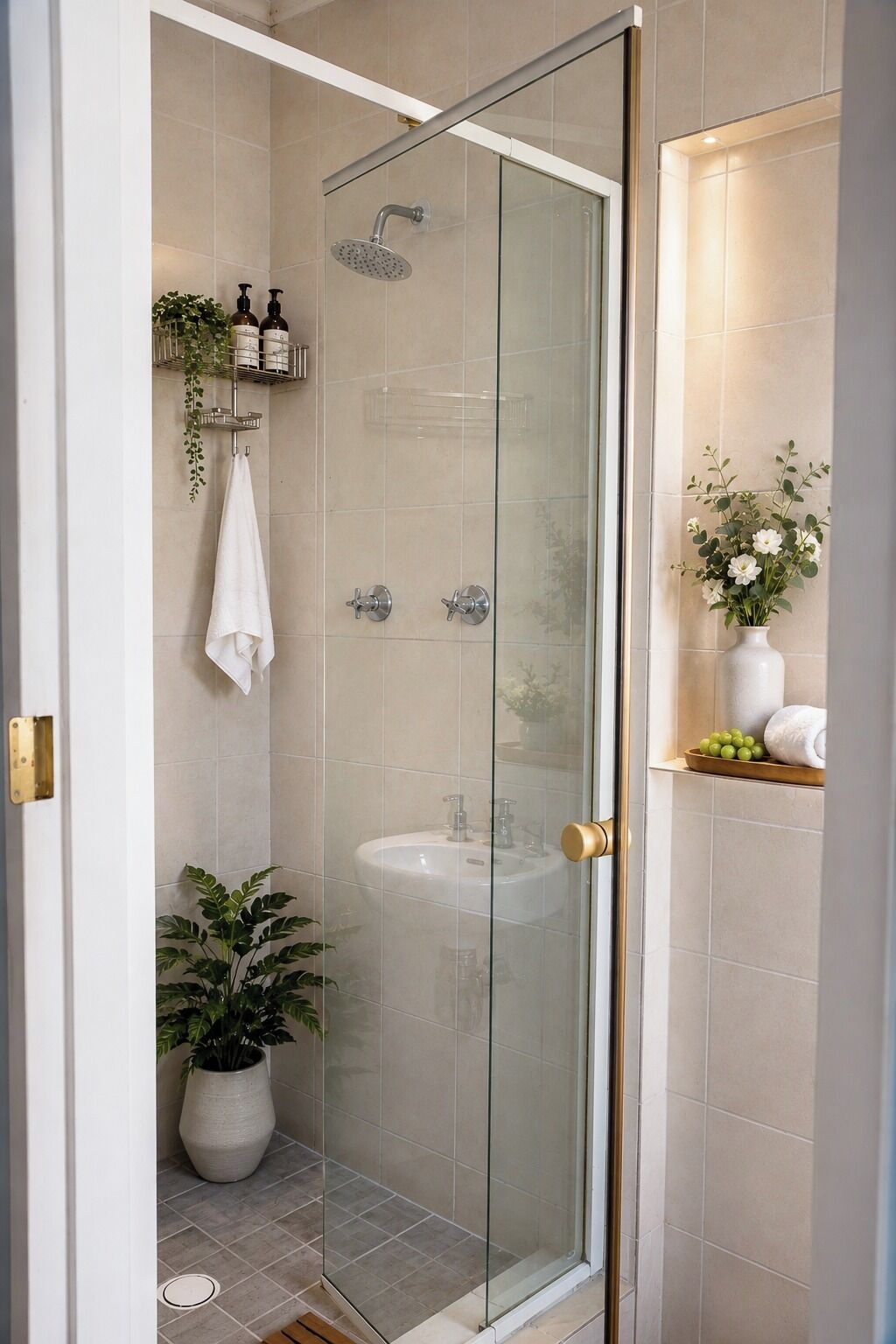 A modern bathroom with a glass-enclosed shower, a white sink, and a potted plant.