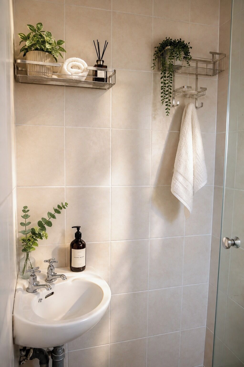 Une salle de bain avec un lavabo blanc, un miroir, un porte-serviettes et une plante en pot.