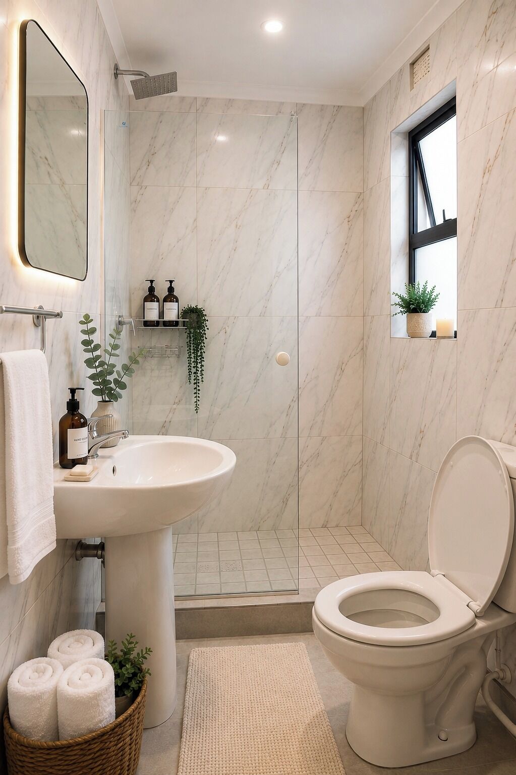 Et badeværelse med bruser, toilet, vask og et spejl.