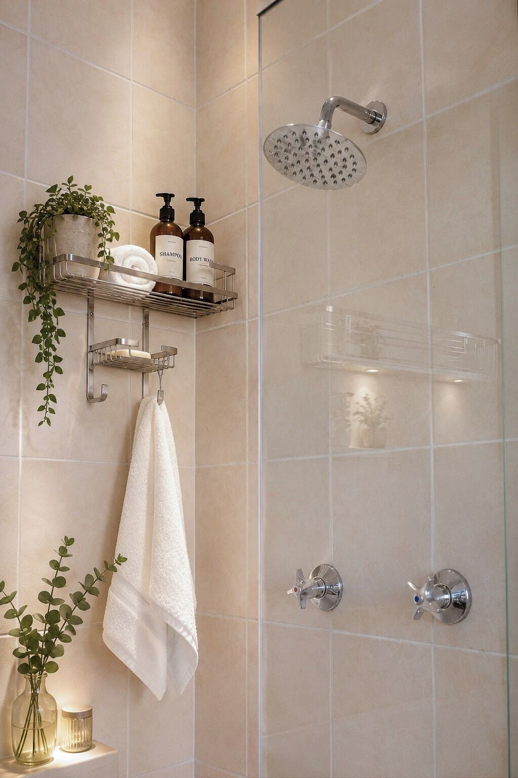A shower with a handheld showerhead and a wall-mounted faucet.
