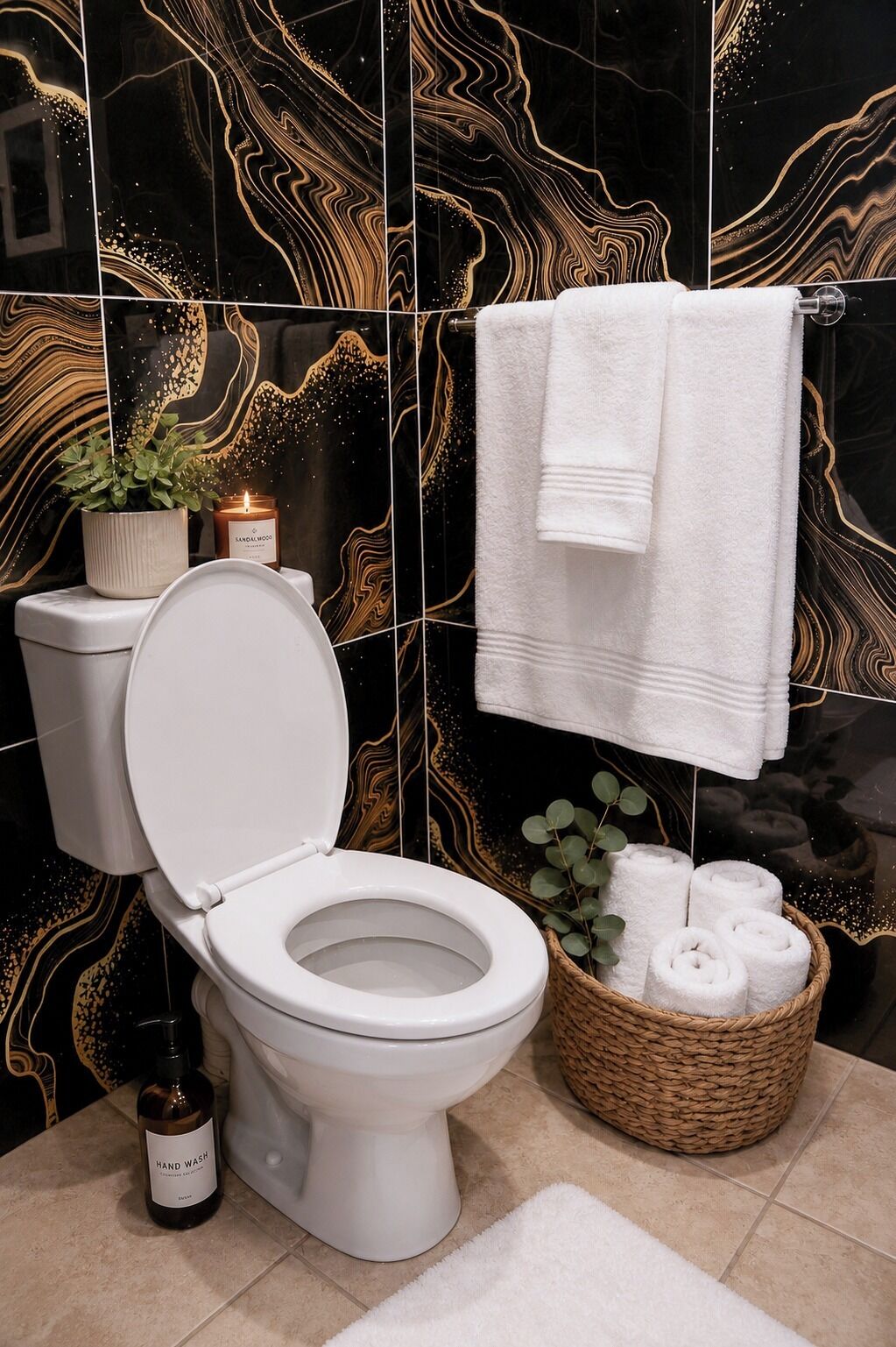 Un baño moderno con inodoro y lavamanos blancos, una pared decorativa con motivos negros y dorados, un perchero blanco, una cesta de mimbre con toallas dobladas y una botella de jabón de manos.
