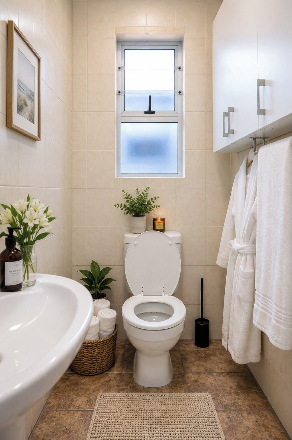 A bathroom with a toilet, sink, and a window above the toilet.