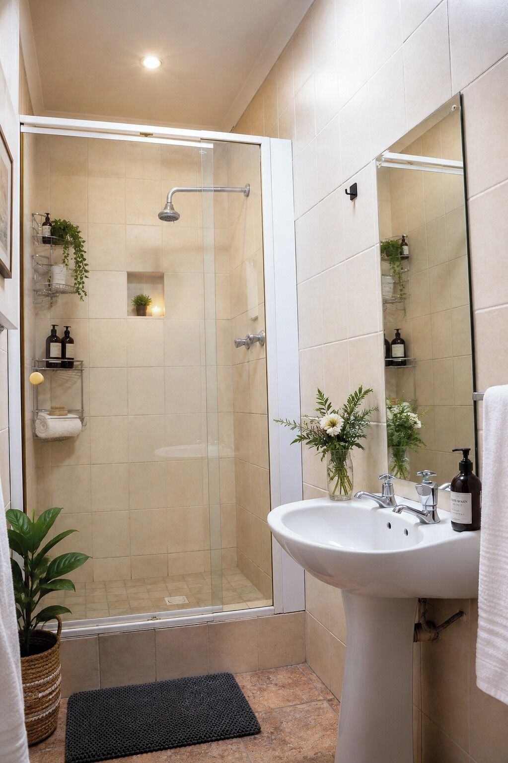A modern bathroom with a glass-enclosed shower, a white sink, and a mirror.