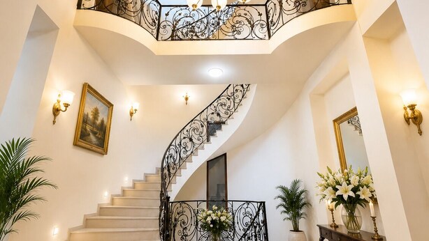 A grand staircase with ornate railings, a chandelier, and a round carpeted area.