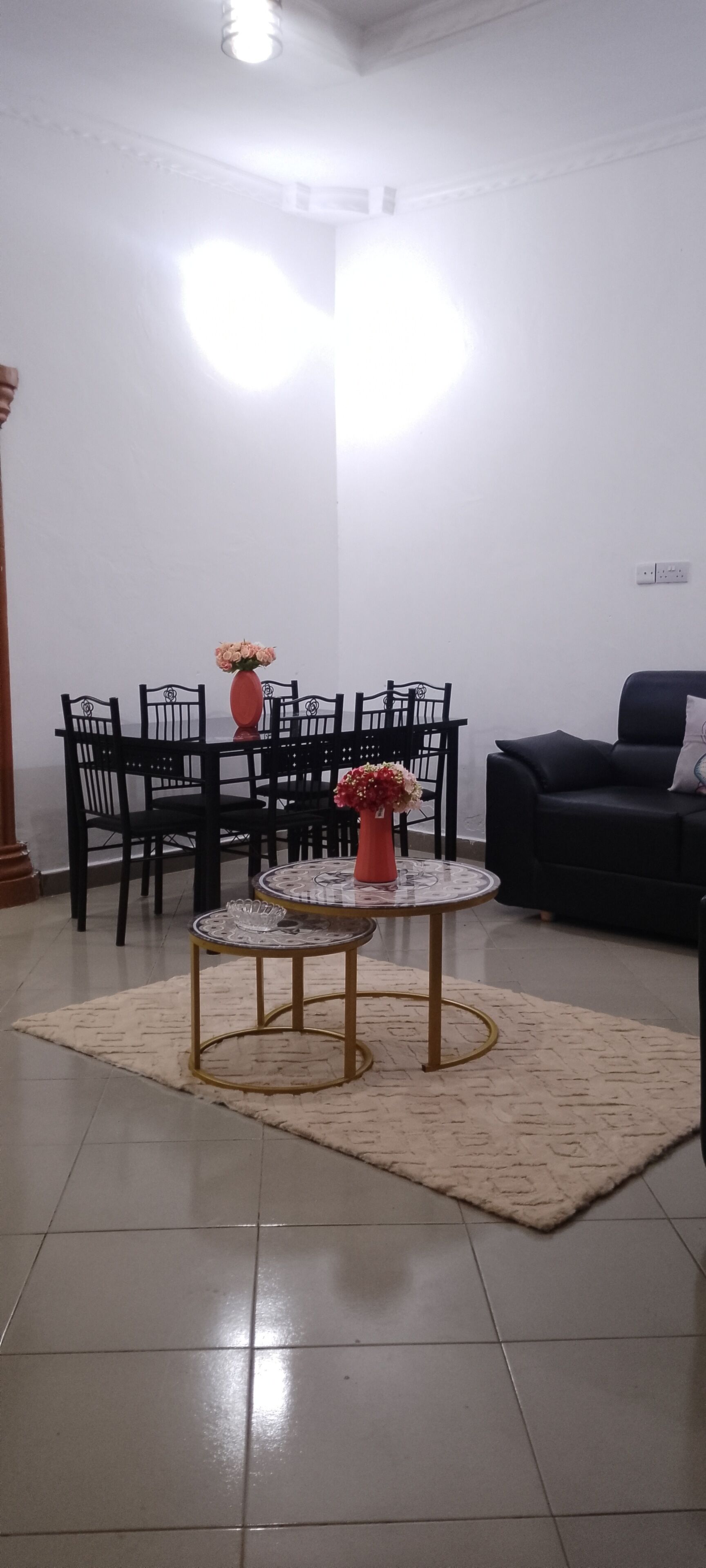 A living room with a dining table, chairs, a sofa, a coffee table, and a rug.