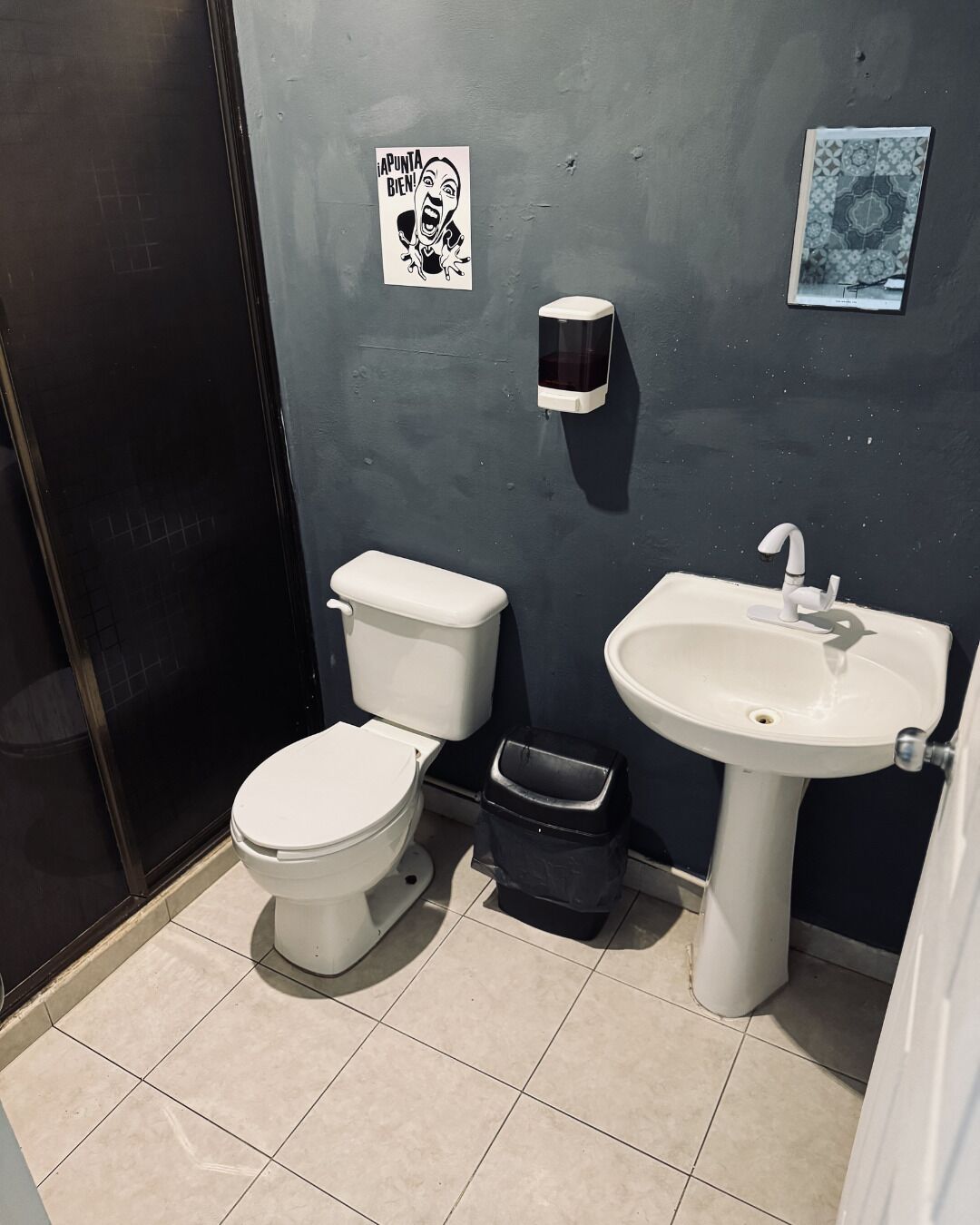 A bathroom with a toilet, sink, and trash bin.