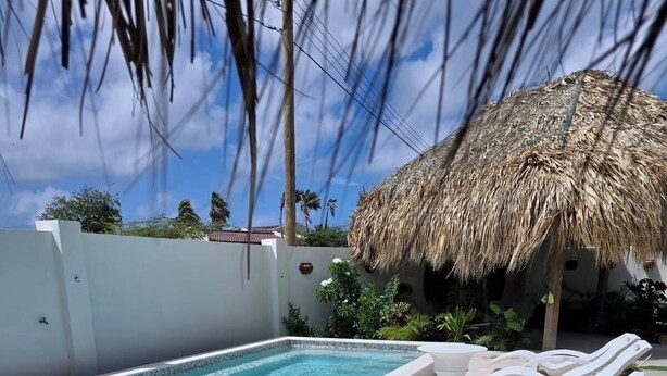 A swimming pool with lounge chairs, a thatched roof structure, and a white wall.