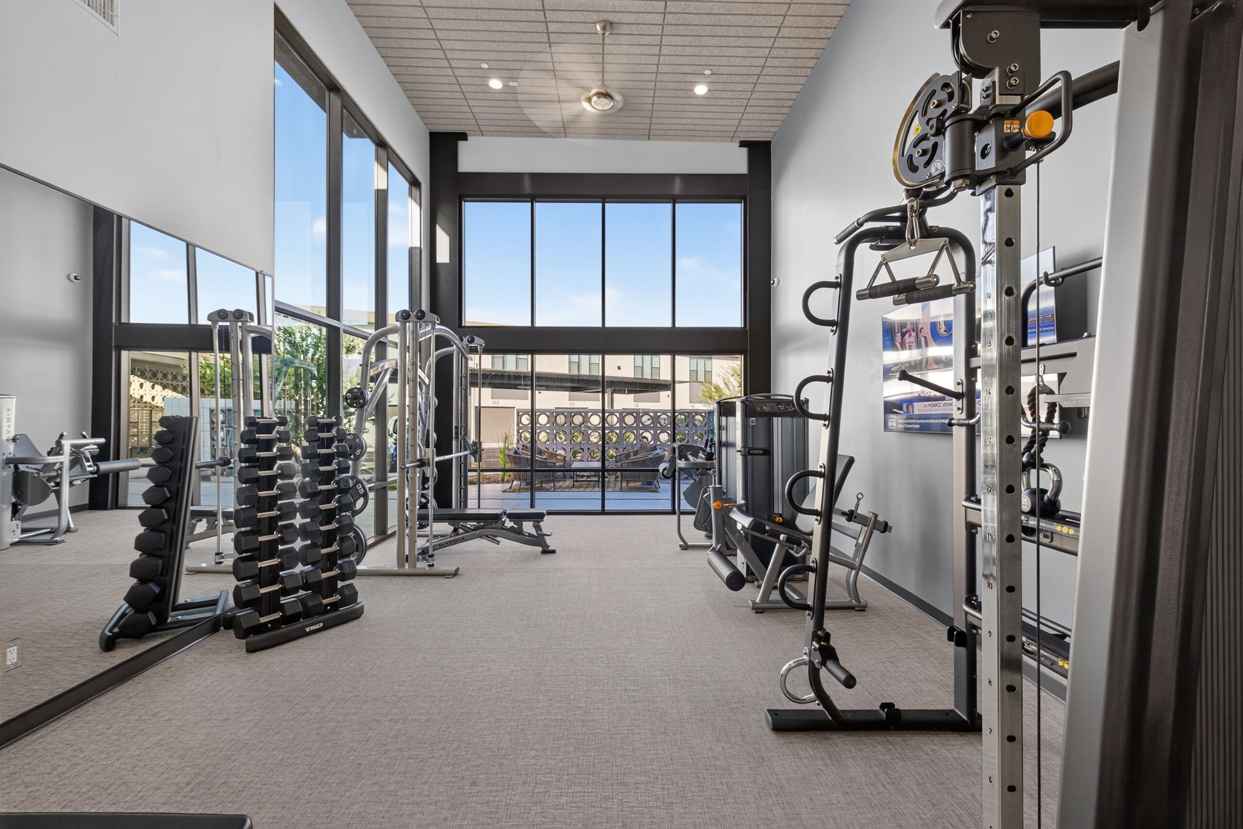 Un gimnasio con equipo de levantamiento de pesas, ventanas amplias y vistas al exterior.