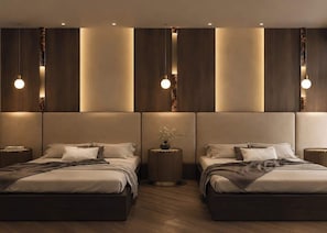 A modern bedroom with two beds, wooden headboards, and pendant lighting. - Fauzan, a Private Residential Resort (Wall Township)