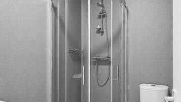 Shower, towels, soap, toilet paper
