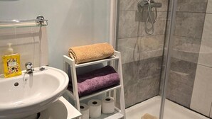 Un baño con lavamanos, papel higiénico y ducha.