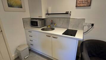 Fridge, microwave, stovetop, electric kettle