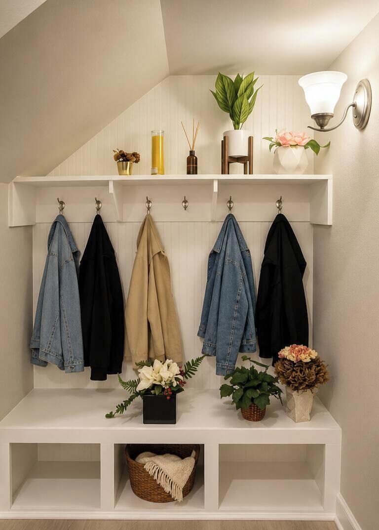 A hallway with a coat rack holding several jackets, a potted plant, a vase with flowers, and a wall-mounted lamp.