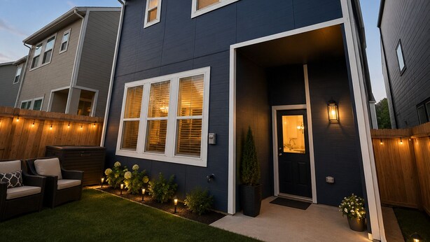 A two-story residential building with a dark exterior, white-framed windows, a front door, and a small porch area with outdoor lighting and plants. - Luxe Haven Stays Spacious 3BR Near NRG, Med Center & Downtown Houston (Houston)
