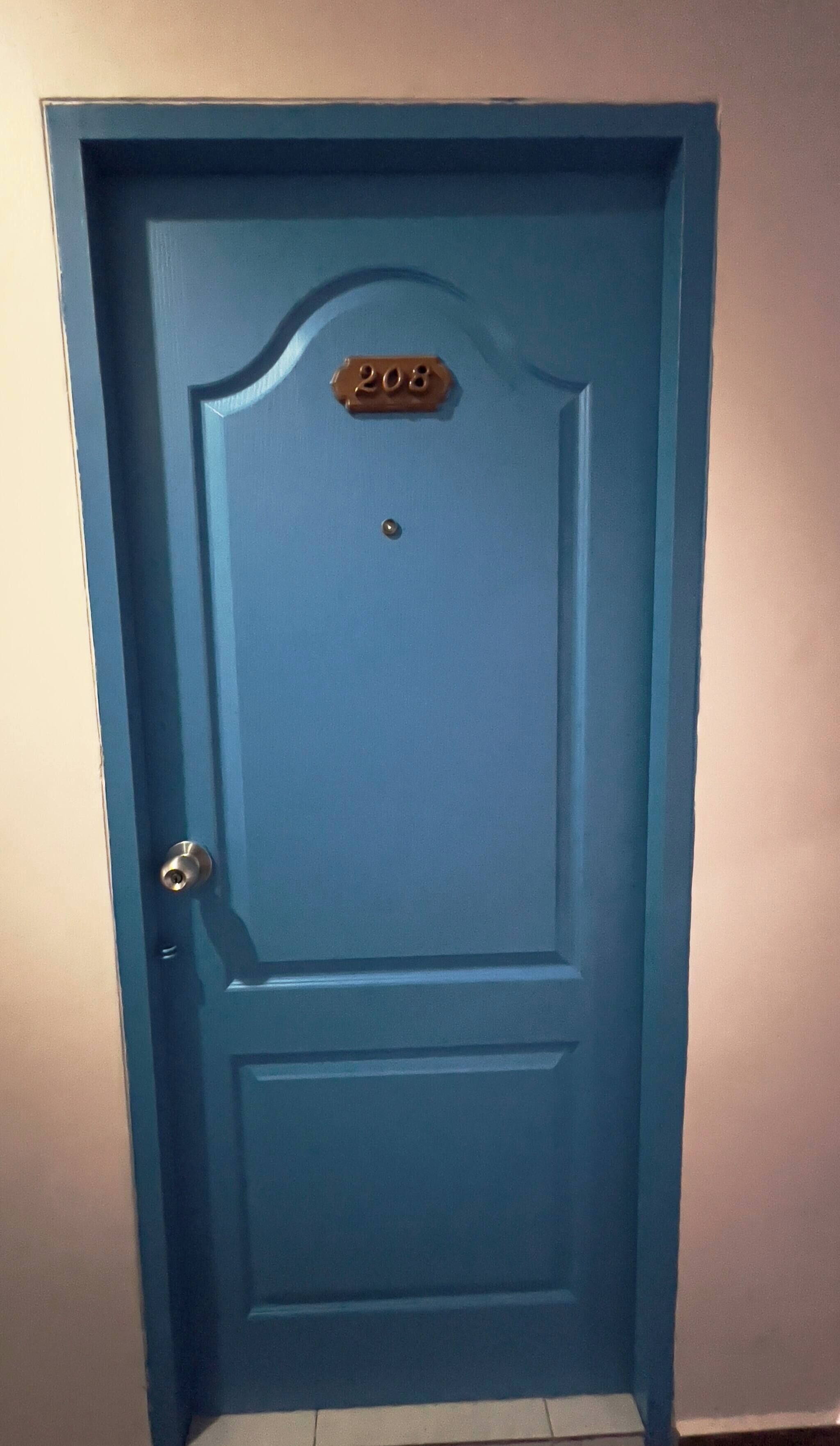 A blue door with a brass number plate reading '208' and a round doorknob.