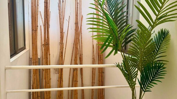 Una habitación con pared de bambú, una planta en maceta y una barandilla blanca.