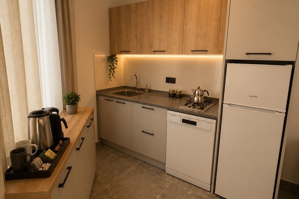 Coffee/tea maker, full-size fridge, stovetop, dishwasher