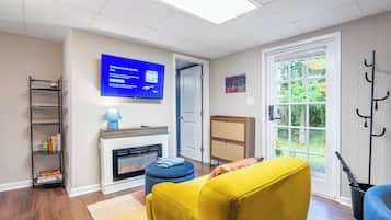 TV, fireplace, books