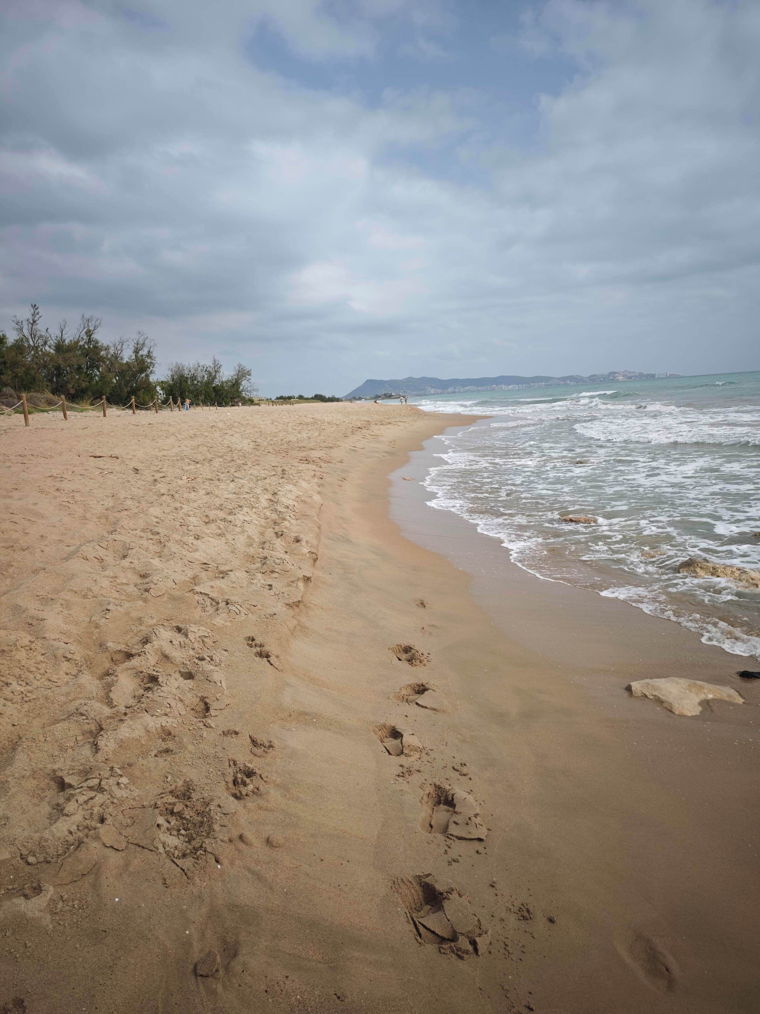 Una playa arenosa con huellas, una valla de madera y un horizonte urbano distante.