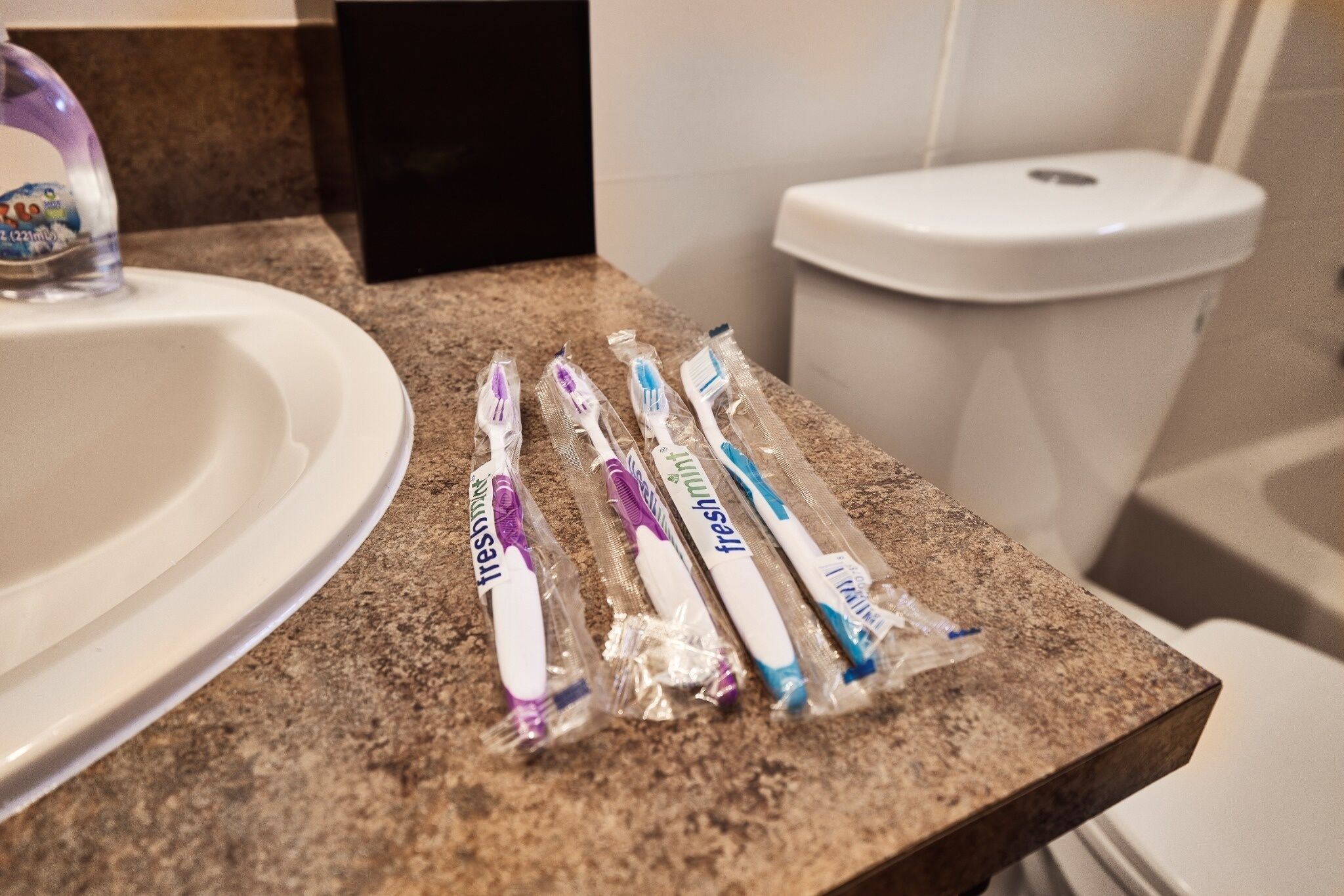 A bathroom sink and toilet with toothbrushes placed on the countertop.