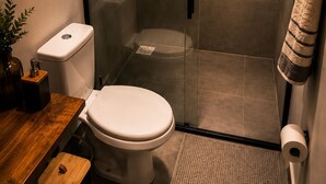 Un baño moderno con ducha envuelta en vidrio, inodoro y tocador de madera.
